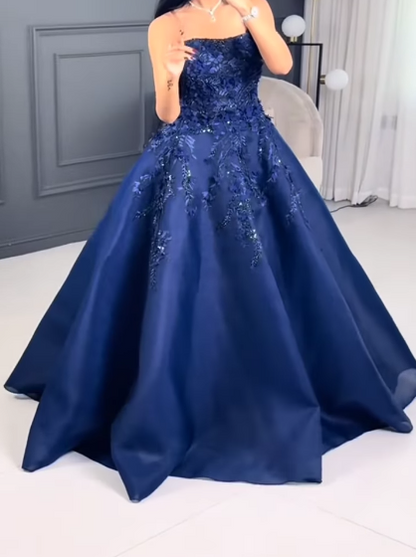 Glamour Navy Blue Strapless A-Line Tulle Long Prom Dresses Formal Evening Gowns with Appliques ED03169