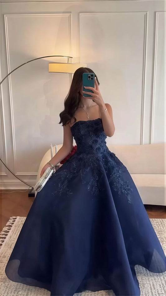 Glamour Navy Blue Strapless A-Line Tulle Long Prom Dresses Formal Evening Gowns with Appliques ED03169