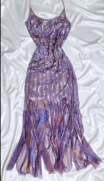 Retro Purple Spaghetti Straps Sheath Sequin Chiffon Long Stunning Prom Dresses with Tassels & Beading ED03170