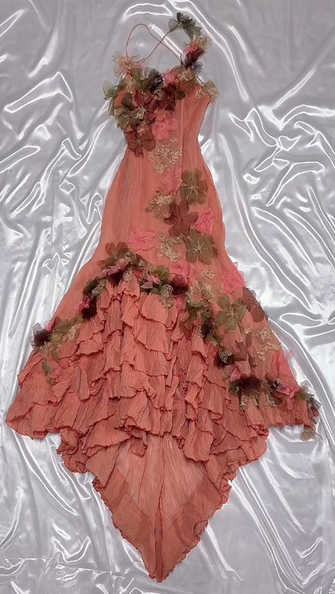 Fairytale Dark Peach Spaghetti Straps Mermaid Chiffon Long Stunning Prom Dresses Sweet 16 Evening Dress with Appliques ED03171