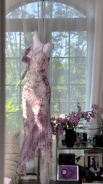 Glamour V-neck Sheath Printed Chiffon Long Prom Dresses Retro Evening Gowns ED03172