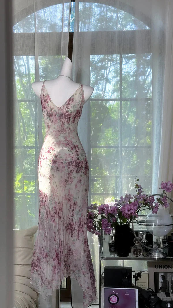 Flowy Purple Print Floral  Mermaid Spaghetti Strap Chiffon Prom Dress Evening Dress Formal Dress SH3777