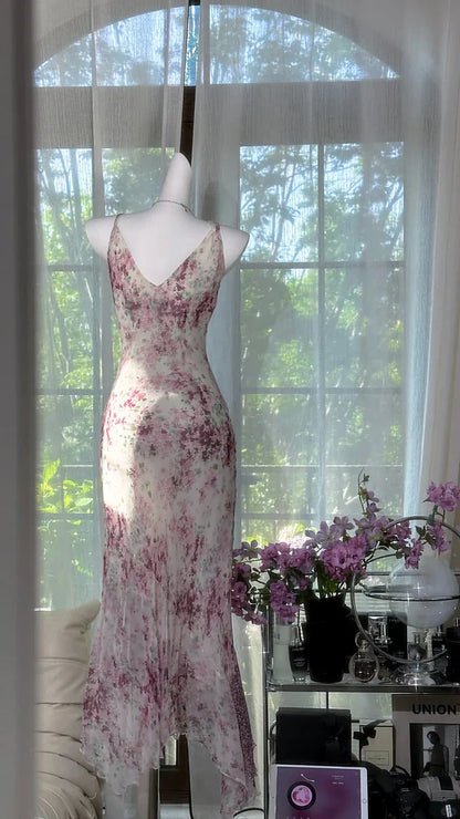 Flowy Purple Print Floral  Mermaid Spaghetti Strap Chiffon Prom Dress Evening Dress Formal Dress SH3777