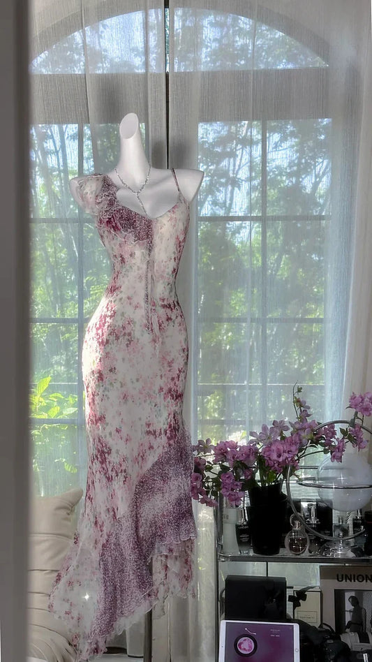 Flowy Purple Print Floral  Mermaid Spaghetti Strap Chiffon Prom Dress Evening Dress Formal Dress SH3777