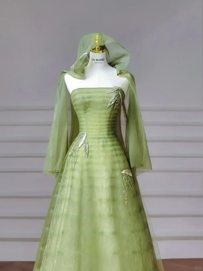 Fairytale Green Strapless A-Line Tulle Evening Gowns Sweet Wedding Dress ED03176