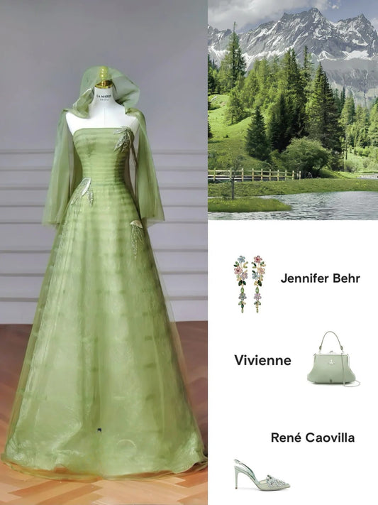 Fairytale Green Strapless A-Line Tulle Evening Gowns Sweet Wedding Dress ED03176