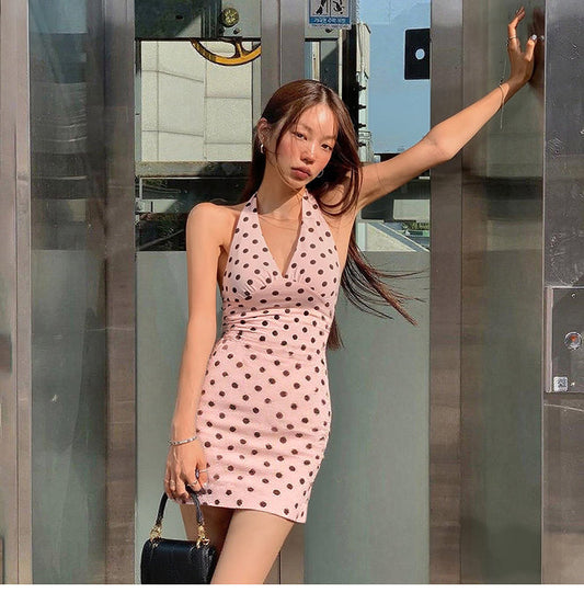 Fashion Pink Dot Halter Neck Bodycon Short Party Dress Birthday Dress ED03178