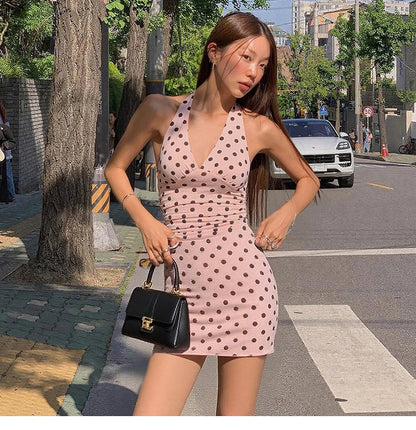 Fashion Pink Dot Halter Neck Bodycon Short Party Dress Birthday Dress ED03178