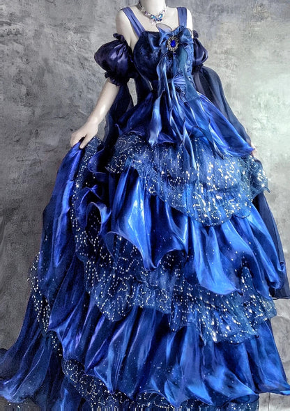 Fairytale Blue Spaghetti Straps A-Line Satin Sequin Long Prom Dresses Gorgeous Birthday Evening Gowns ED03186
