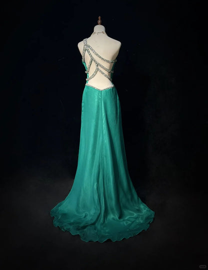 Glamour Green One Shoulder Sheath Tulle Long Prom Dresses Elegant Evening Gowns ED03187