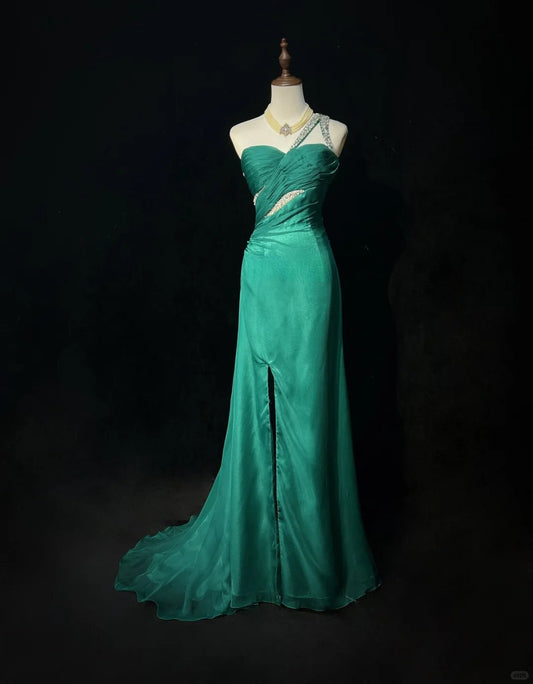 Glamour Green One Shoulder Sheath Tulle Long Prom Dresses Elegant Evening Gowns ED03187