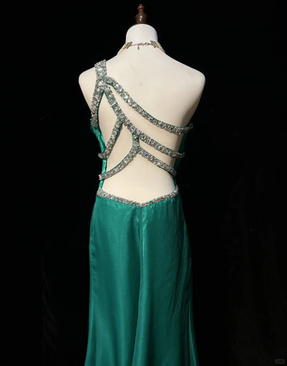 Glamour Green One Shoulder Sheath Tulle Long Prom Dresses Elegant Evening Gowns ED03187