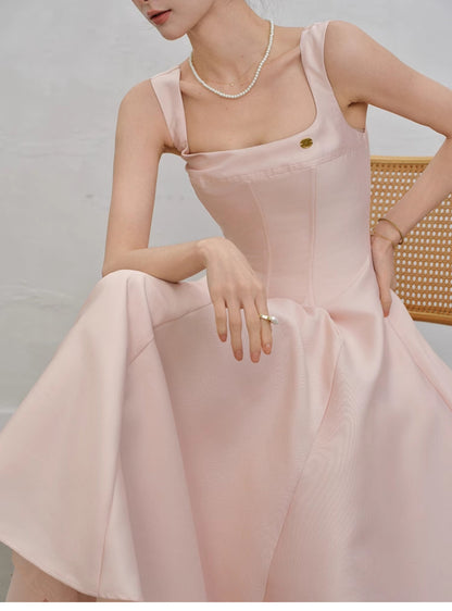 Fairytale Pink Square Neck A-Line Satin Long Prom Dresses Sweet 16 Evening Dress ED03189