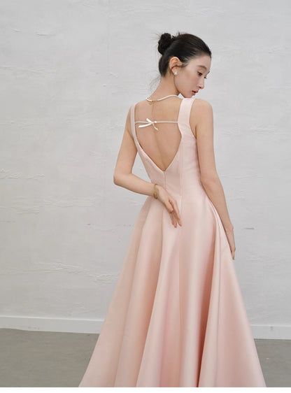 Fairytale Pink Square Neck A-Line Satin Long Prom Dresses Sweet 16 Evening Dress ED03189
