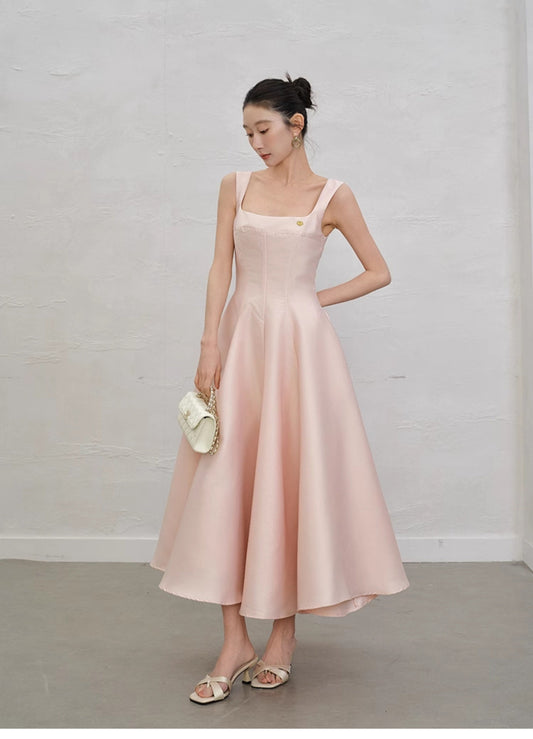 Fairytale Pink Square Neck A-Line Satin Long Prom Dresses Sweet 16 Evening Dress ED03189