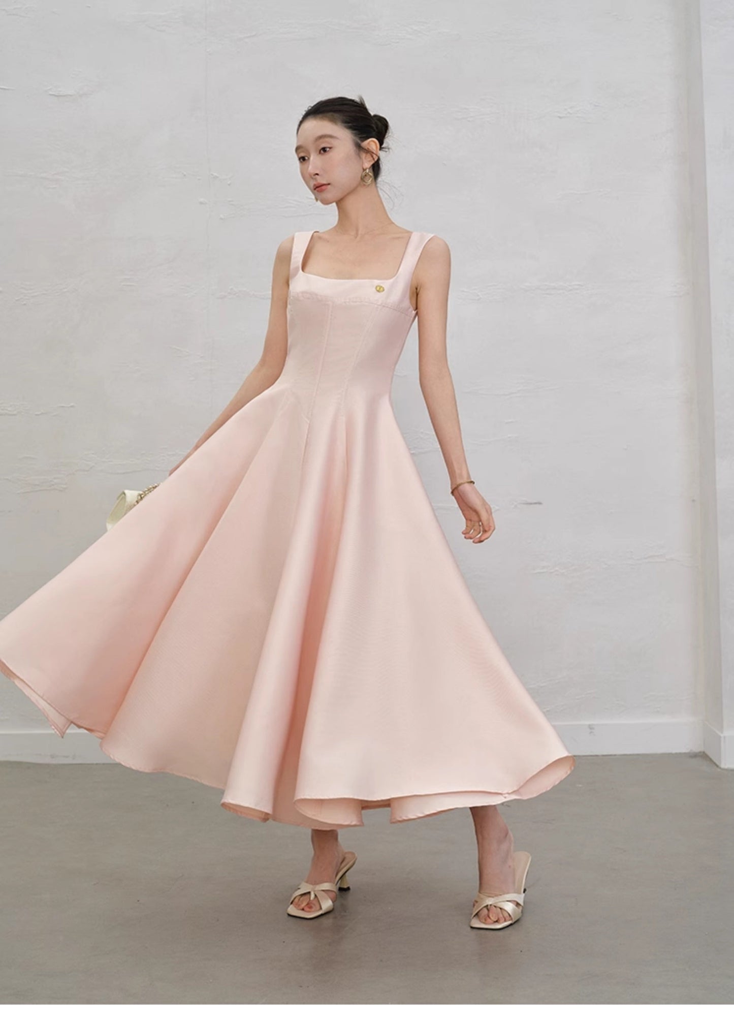 Fairytale Pink Square Neck A-Line Satin Long Prom Dresses Sweet 16 Evening Dress ED03189