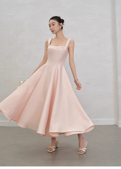 Fairytale Pink Square Neck A-Line Satin Long Prom Dresses Sweet 16 Evening Dress ED03189