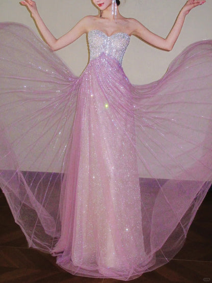 Sweet Pink Sweetheart A-Line Tulle Sequins Long Prom Dresses Elegant Formal Evening Gowns ED03190