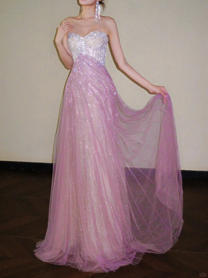 Sweet Pink Sweetheart A-Line Tulle Sequins Long Prom Dresses Elegant Formal Evening Gowns ED03190