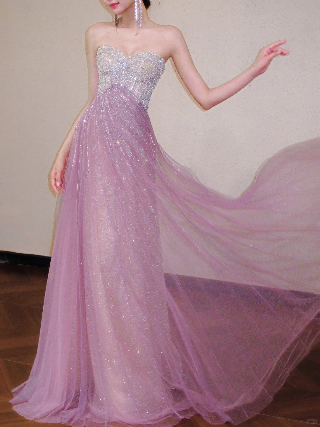 Sweet Pink Sweetheart A-Line Tulle Sequins Long Prom Dresses Elegant Formal Evening Gowns ED03190