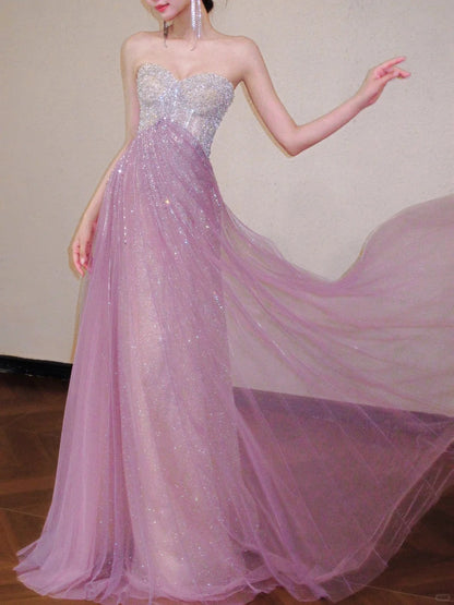 Sweet Pink Sweetheart A-Line Tulle Sequins Long Prom Dresses Elegant Formal Evening Gowns ED03190