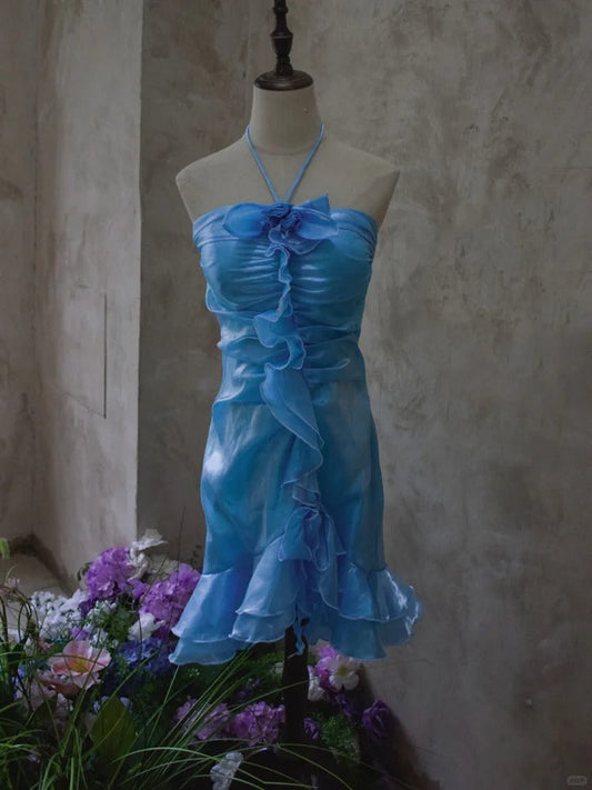 Elegant Blue Halter Bodycon Chiffon Short Prom Dresses Gorgeous Party Dress ED03193