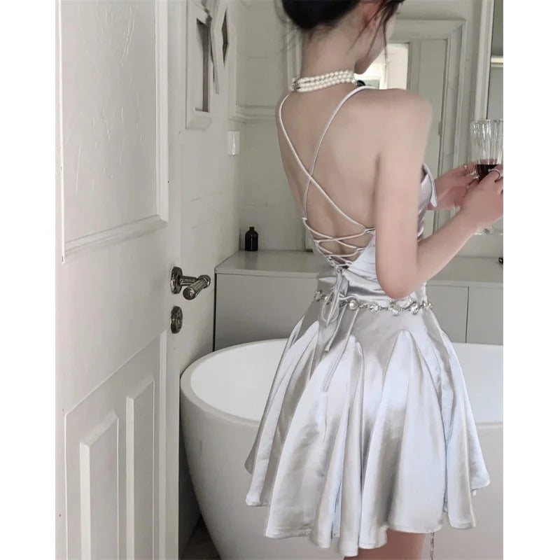Fashion Silver Spaghetti Straps A-Line Satin Short Party Dress ED03195