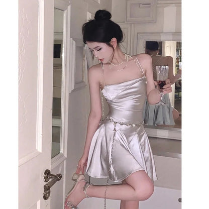 Fashion Silver Spaghetti Straps A-Line Satin Short Party Dress ED03195