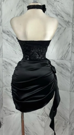 Elegant Black Sweetheart Party Dress A-Line Satin Applique Short Evening Dress Sexy Homecoming Dress ED03196