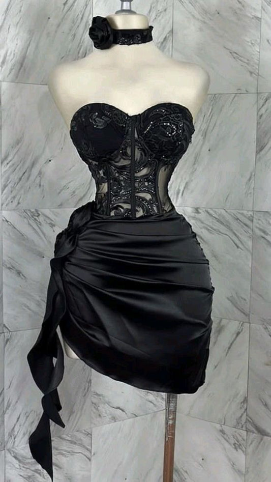 Elegant Black Sweetheart Party Dress A-Line Satin Applique Short Evening Dress Sexy Homecoming Dress ED03196