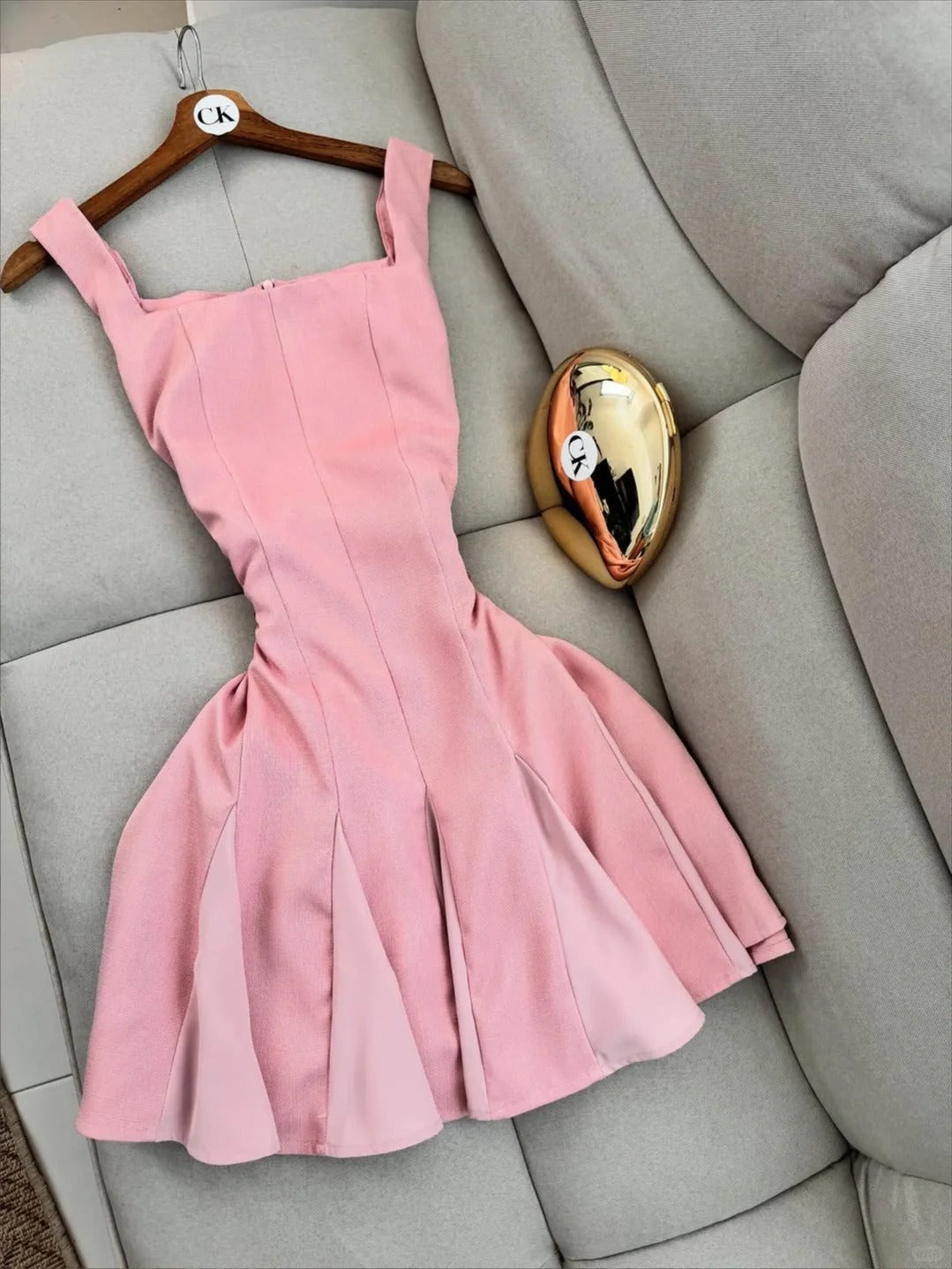 Sweet Pink Square Neck A-Line Short Birthday Dress Outdoor Party Outfit ED03197