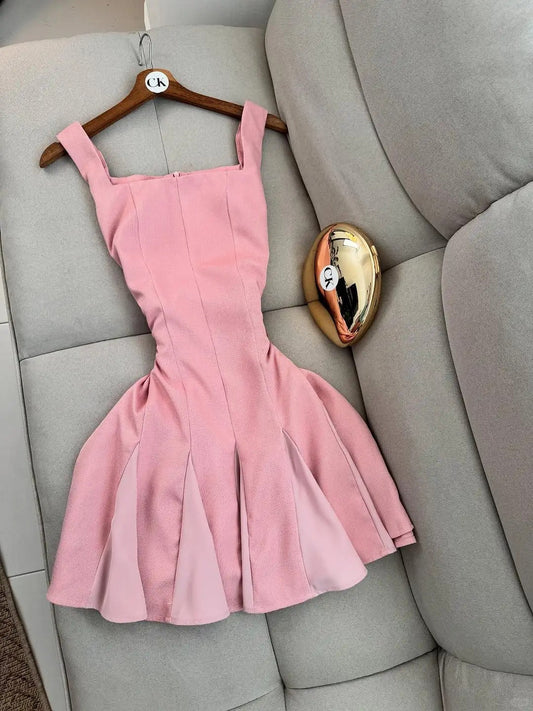 Sweet Pink Square Neck A-Line Short Birthday Dress Outdoor Party Outfit ED03197