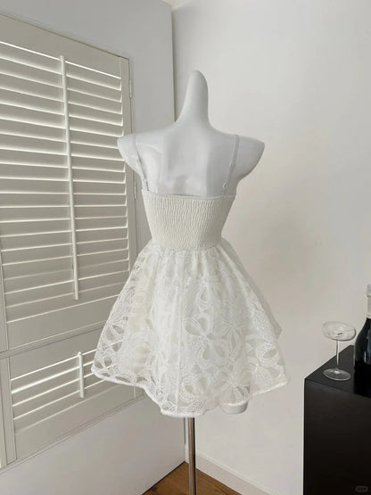 Sweet White Sweetheart Neck A-Line Lace Short Birthday Dress Pool Party Dress ED03200