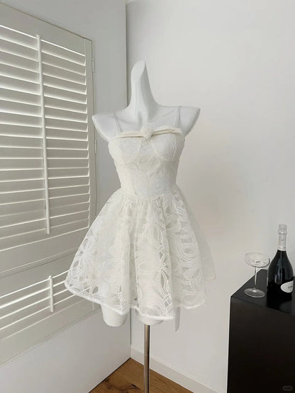 Sweet White Sweetheart Neck A-Line Lace Short Birthday Dress Pool Party Dress ED03200