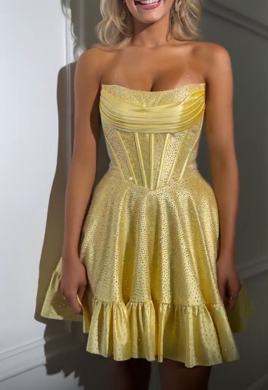 Glamour Yellow Strapless A-Line Satin Sequin Short Evening Dress Fashion Homecoming Dress ED03201