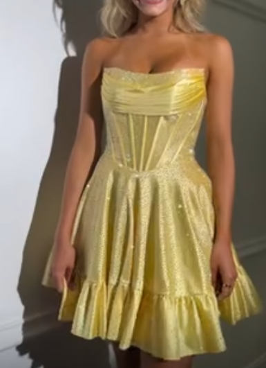 Glamour Yellow Strapless A-Line Satin Sequin Short Evening Dress Fashion Homecoming Dress ED03201