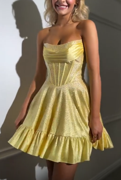Glamour Yellow Strapless A-Line Satin Sequin Short Evening Dress Fashion Homecoming Dress ED03201