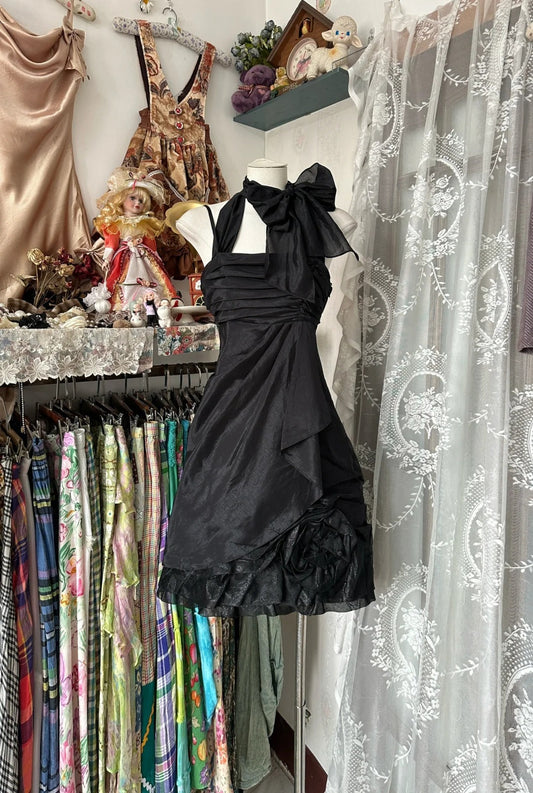 Vintage Black Halter Neck A-Line Chiffon Short Party Dresses Birthday Evening Dresses ED03202
