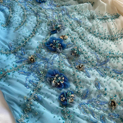 Elegant Gradient Blue Spaghetti Straps Sheath Chiffon Beading Prom Dresses Vintage Evening Gowns ED03204