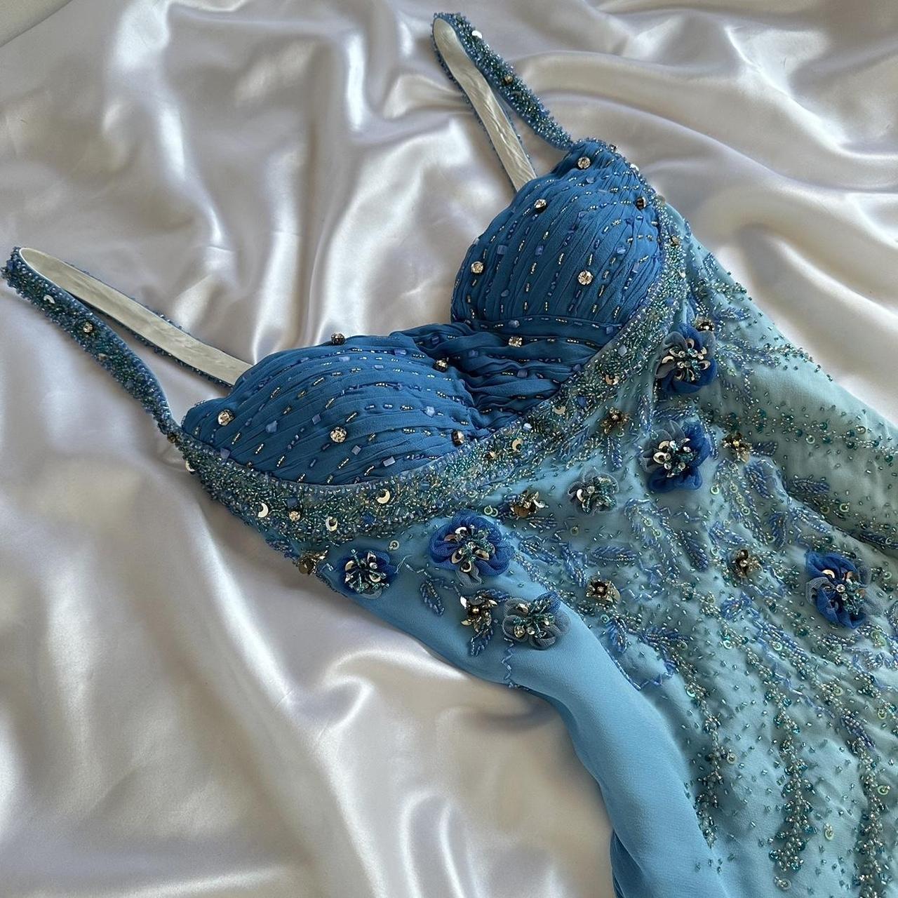 Elegant Gradient Blue Spaghetti Straps Sheath Chiffon Beading Prom Dresses Vintage Evening Gowns ED03204