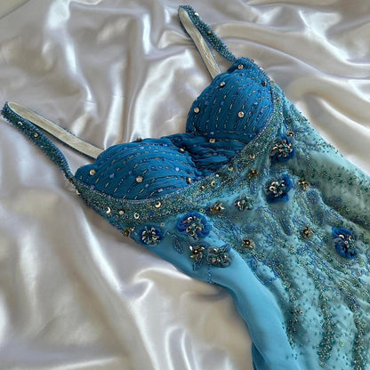 Elegant Gradient Blue Spaghetti Straps Sheath Chiffon Beading Prom Dresses Vintage Evening Gowns ED03204