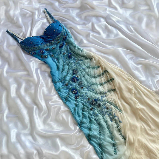 Elegant Gradient Blue Spaghetti Straps Sheath Chiffon Beading Prom Dresses Vintage Evening Gowns ED03204