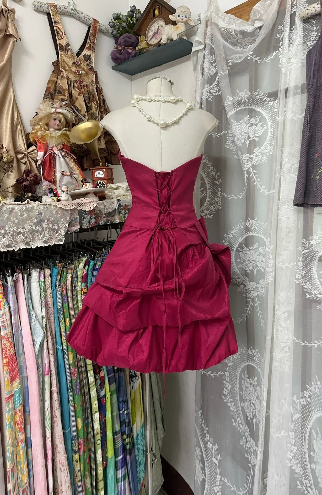 Vintage Red Strapless A-Line Taffeta Short Prom Dresses Classic Homecoming Dress ED03205