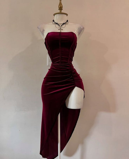 Elegant Burgundy Strapless Bodycon Satin Short Evening Gowns Sexy Prom Dresses ED03209