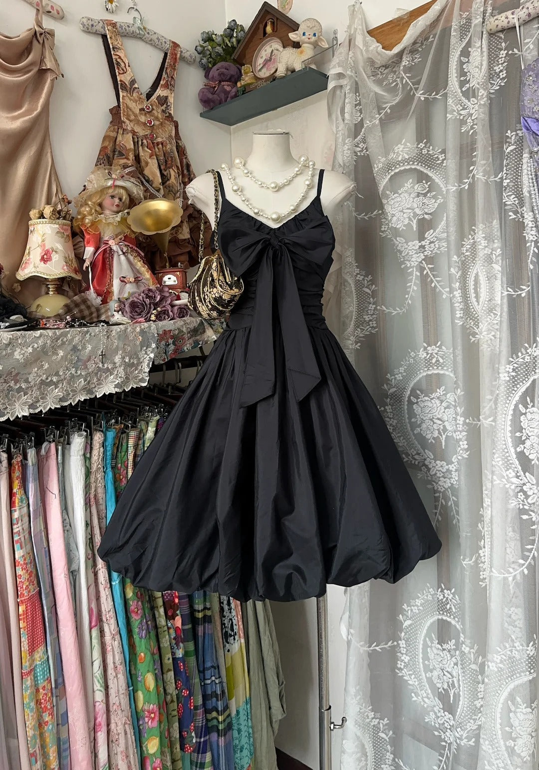 Elegant Black Spaghetti Straps A-Line Taffeta Short Prom Dresses Vintage Evening Gowns ED03212