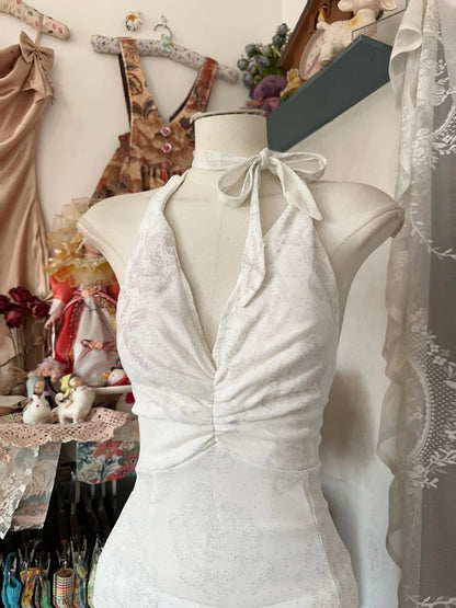 Elegant White Halter Sheath Chiffon Long Prom Dresses Vintage Backless Evening Gowns ED03215