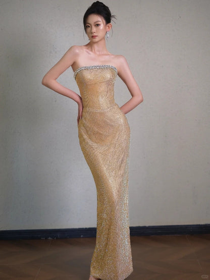 Gorgeous Gold Sheath Lace Sequin Long Prom Dresses, Fashion Strapless Formal Evening Gowns ED03216
