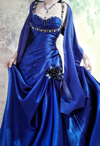 Elegant Blue Straps Mermaid Satin Long Prom Dresses, Beaded Formal Evening Gowns ED03218