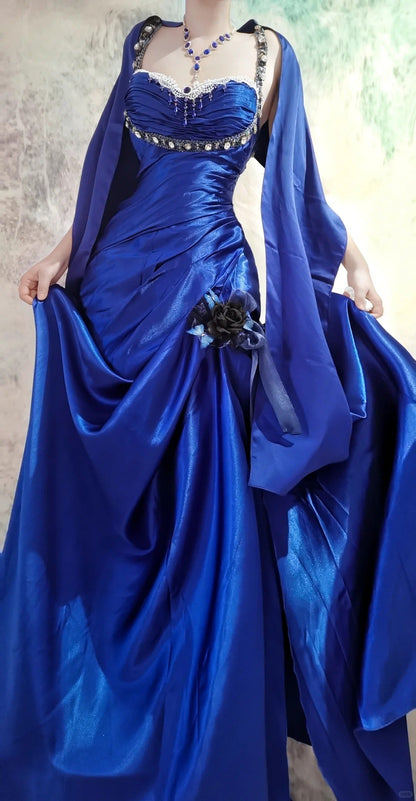 Elegant Blue Straps Mermaid Satin Long Prom Dresses, Beaded Formal Evening Gowns ED03218