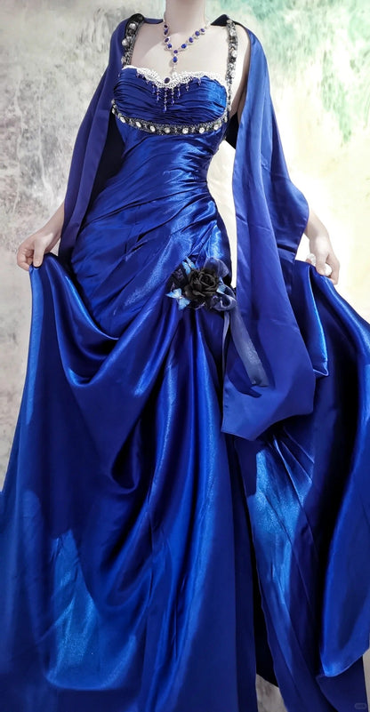 Elegant Blue Straps Mermaid Satin Long Prom Dresses, Beaded Formal Evening Gowns ED03218